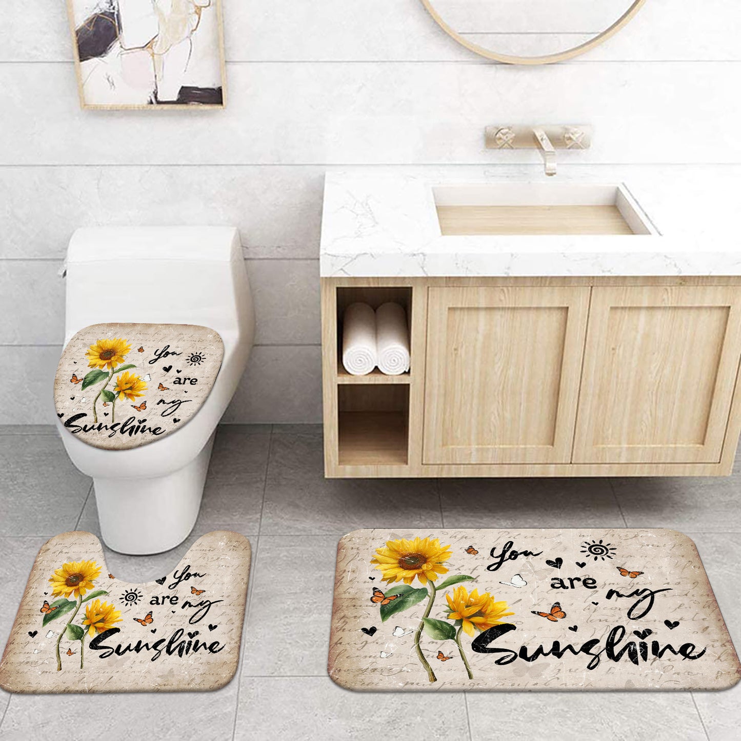 FRAMICS Beige Sunflower Shower Curtain and Rug Sets, 16 Pc You are My Sunshine Bathroom Sets, Waterproof Fabric Shower Curtain with 12 Hooks and Toilet Rugs
