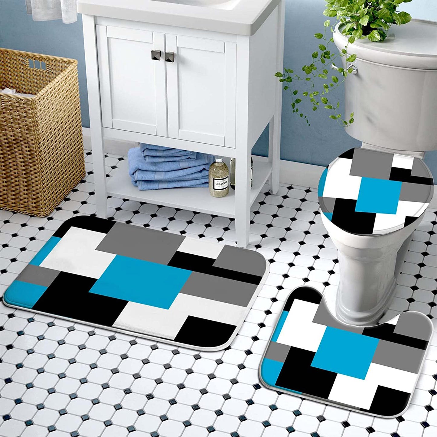 FRAMICS Blue Geometric Shower Curtain and Rug Sets, 16 Pc Black Grey Modern Abstract Bathroom Sets, Waterproof Fabric Shower Curtain with 12 Hooks and Toilet Rugs