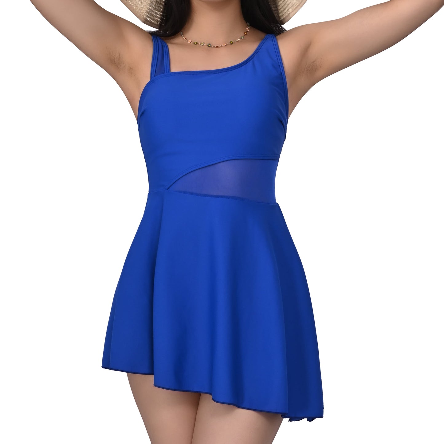 MecTo Women’s Swimsuit Dress with Tummy Control & Tie-Knot Skirt – Two-Piece Slimming Bathing Suit, Mesh Patchwork Design, Full Coverage, Set of 2 (S-XL)