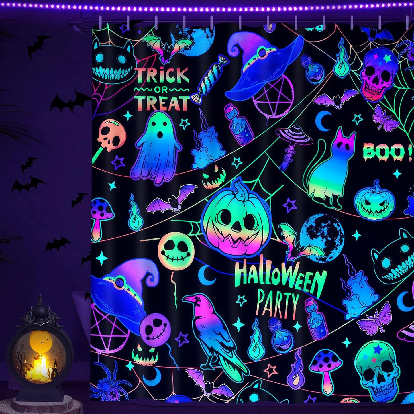 FRAMICS Halloween Blacklight Shower Curtain Sets with Rugs, 16 Pc Colorful Pumpkin Ghost Bathroom Sets, Waterproof Fabric Bathroom Curtain Decor with Hooks