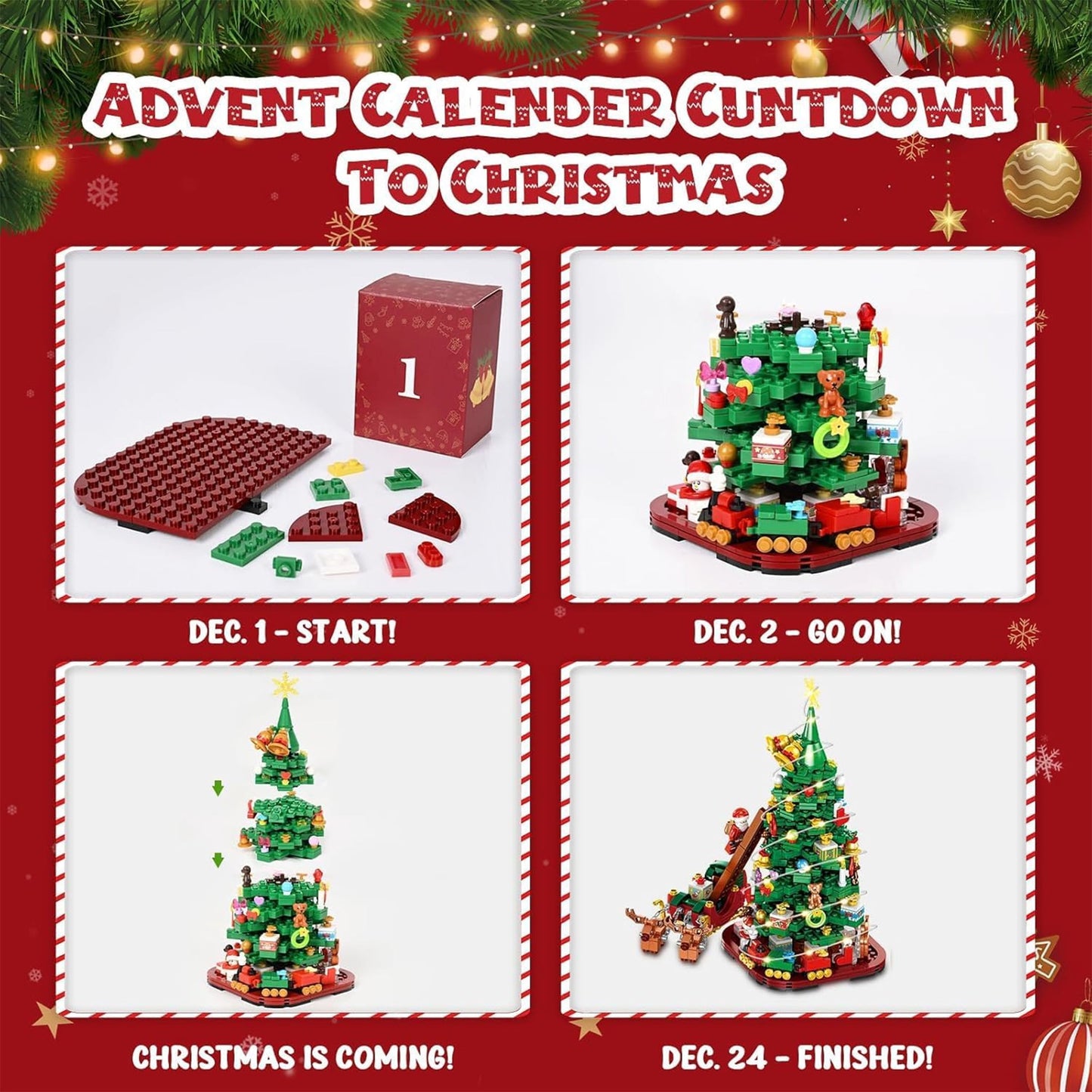 MecTo 2025 Christmas Tree Train Advent Calendar Building Block Set Santa Claus Train & Moose Decorations Countdown Kit, 1011 Pieces