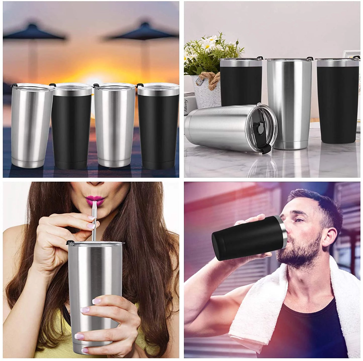Gingprous 8 Pack 20 Oz Stainless Steel Travel Tumblers with Lids Straws , Double Wall Vacuum Insulated Stainless Steel Tumbler with Straws for Home School Office Camping, Powder Coated Coffee Cup, Keep Drinks Hot&Cold