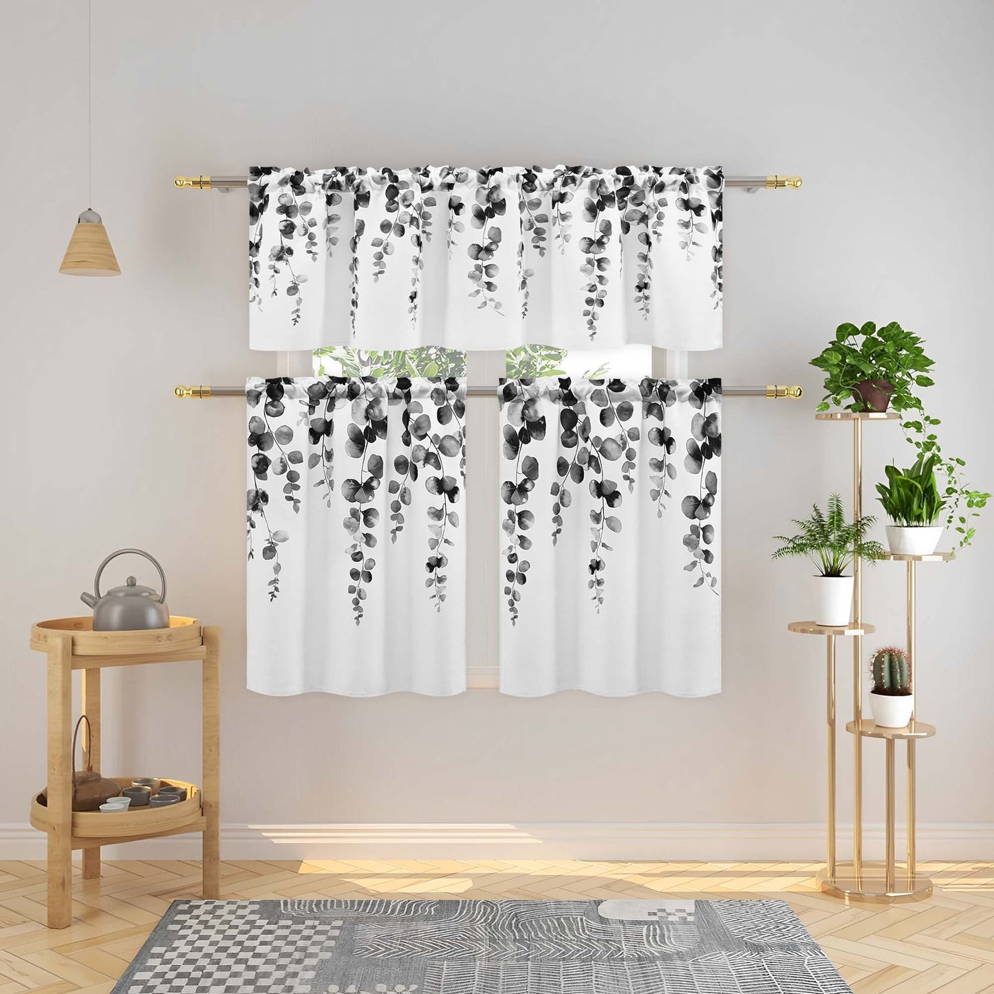 Alishomtll Kitchen Curtains and Valances Sets Grey Watercolor Leaves Print Kitchen Curtains 3 Piece Set 36 Inches Long,Rod Pocket