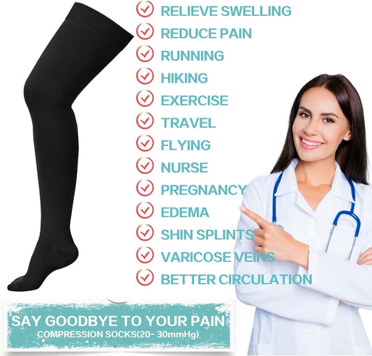 1 Pair Wukang 20-32mmHg Black L Size Thigh High Compression Stocking Closed Toe Compression Socks for Women & Men