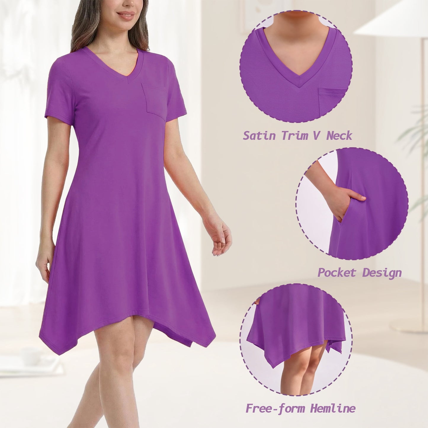 MecTo Women's Nightgown, Soft V-Neck Short Sleeve Nightgowns for Women with Pockets, Irregular Hem Casual Sleep Dress & Sleepshirt for Ladies