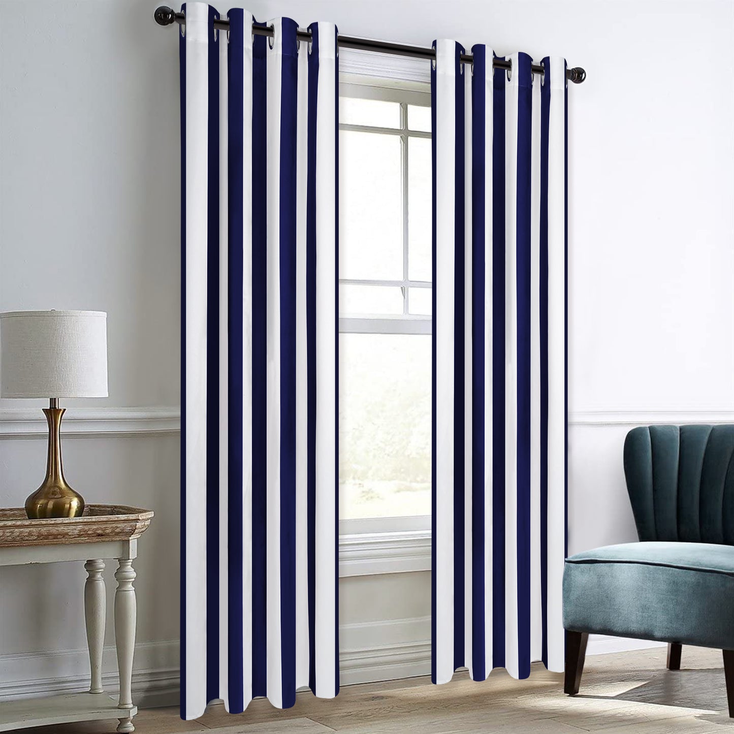Alishomtll Curtains Satin Light Filtering Grommet Window Drapes For Bedroom Living Room,52”X 63”L,2 Panels,Blue White Striped