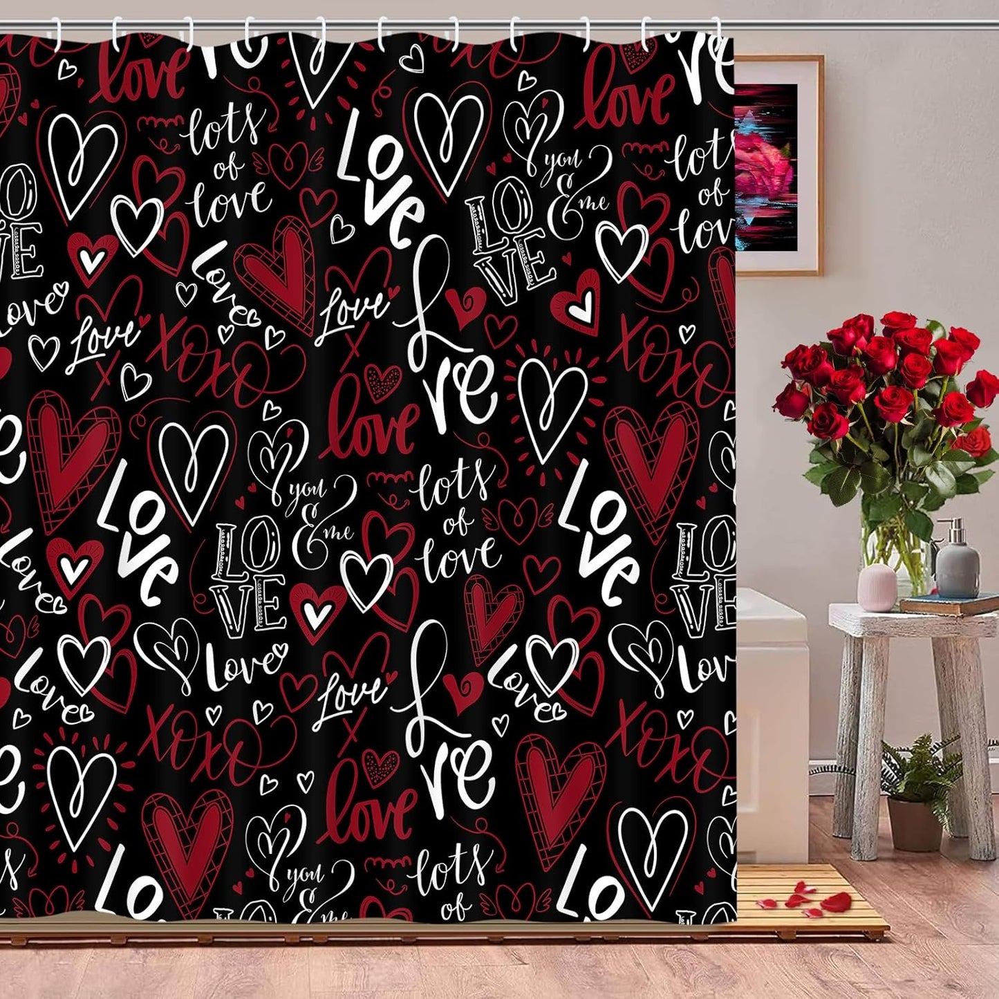 FRAMICS Valentine's Day Shower Curtain Sets with Rugs, 16 Pc Love Heart Bathroom Sets, Waterproof Fabric Vintage Bathroom Curtain Decor with Hooks