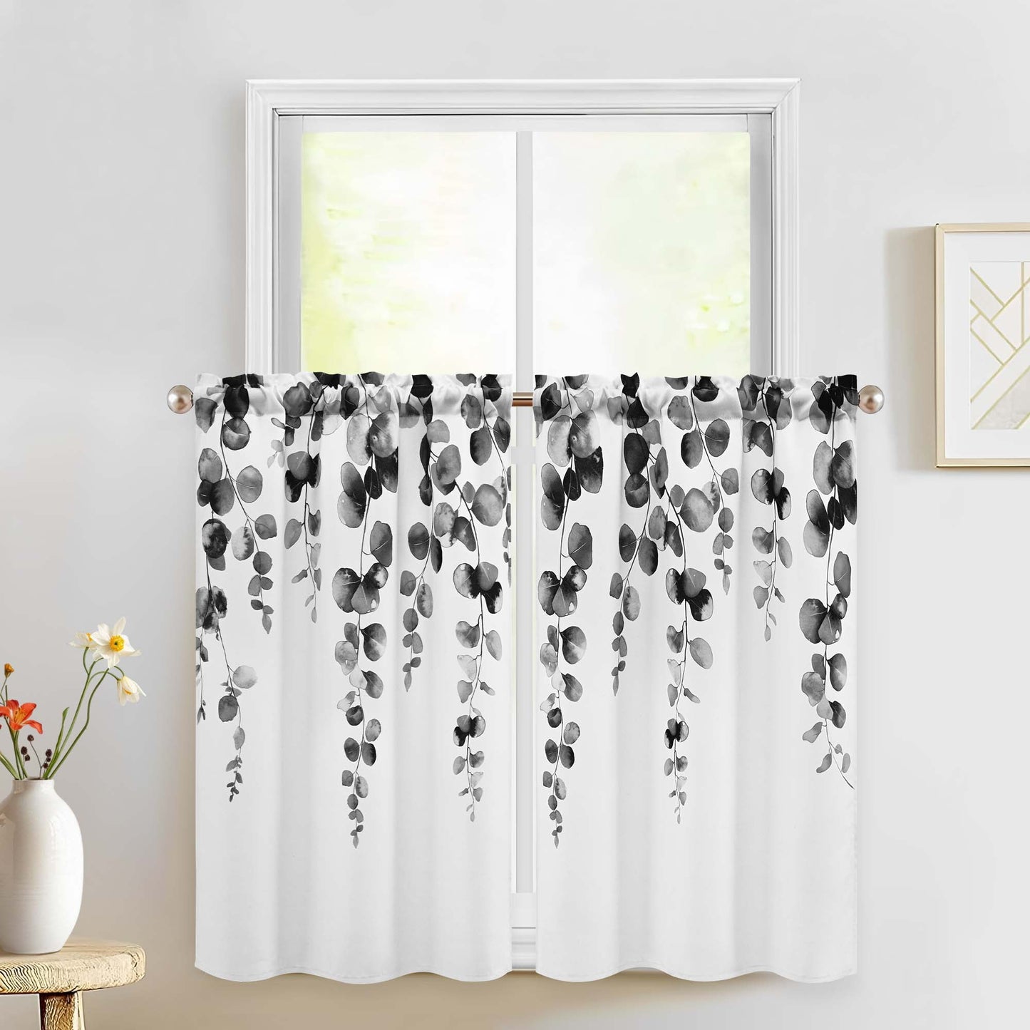 Alishomtll Kitchen Curtains Grey Watercolor Leaves Print Tier Windows Drapes Sets 36 Inch ,Rod Pocket