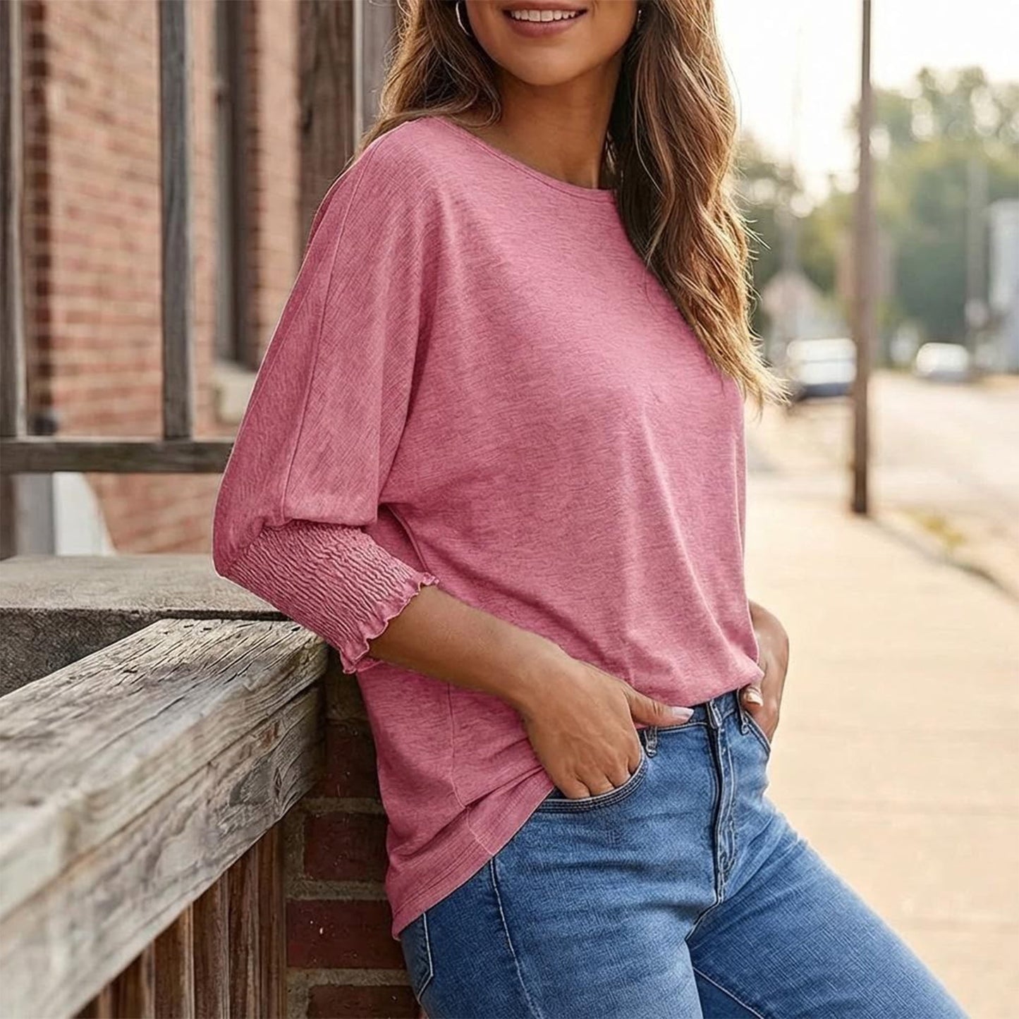 Gingprous 3/4 Sleeve Blouse for Women Smocked Cuffs Tee Tops Loose Casual Tee Shirt