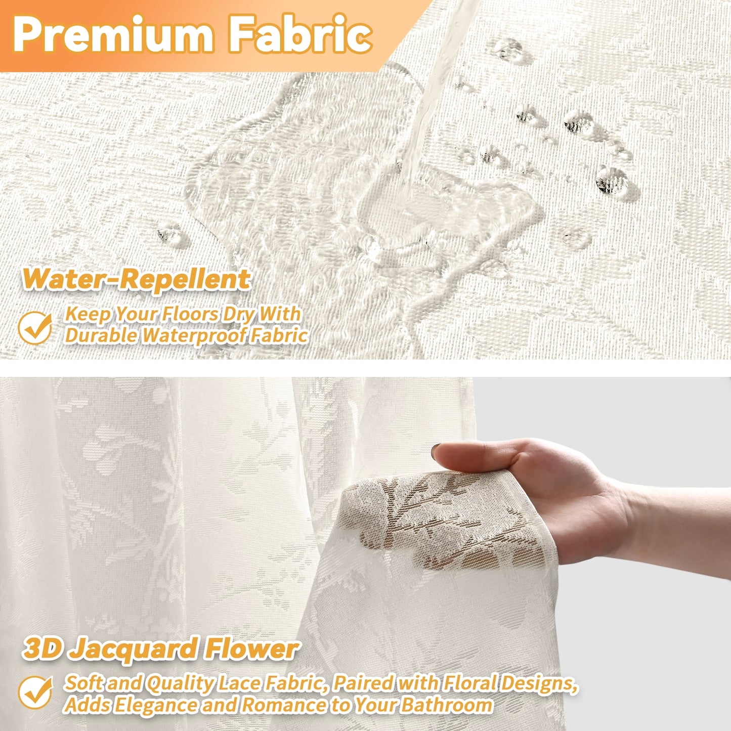 FRAMICS Vintage Lace Shower Curtain Sets with Rug and Hooks, Waterproof Fabric Semi Sheer Leaf Floral Bathroom Sets, Mold Resistant, Beige