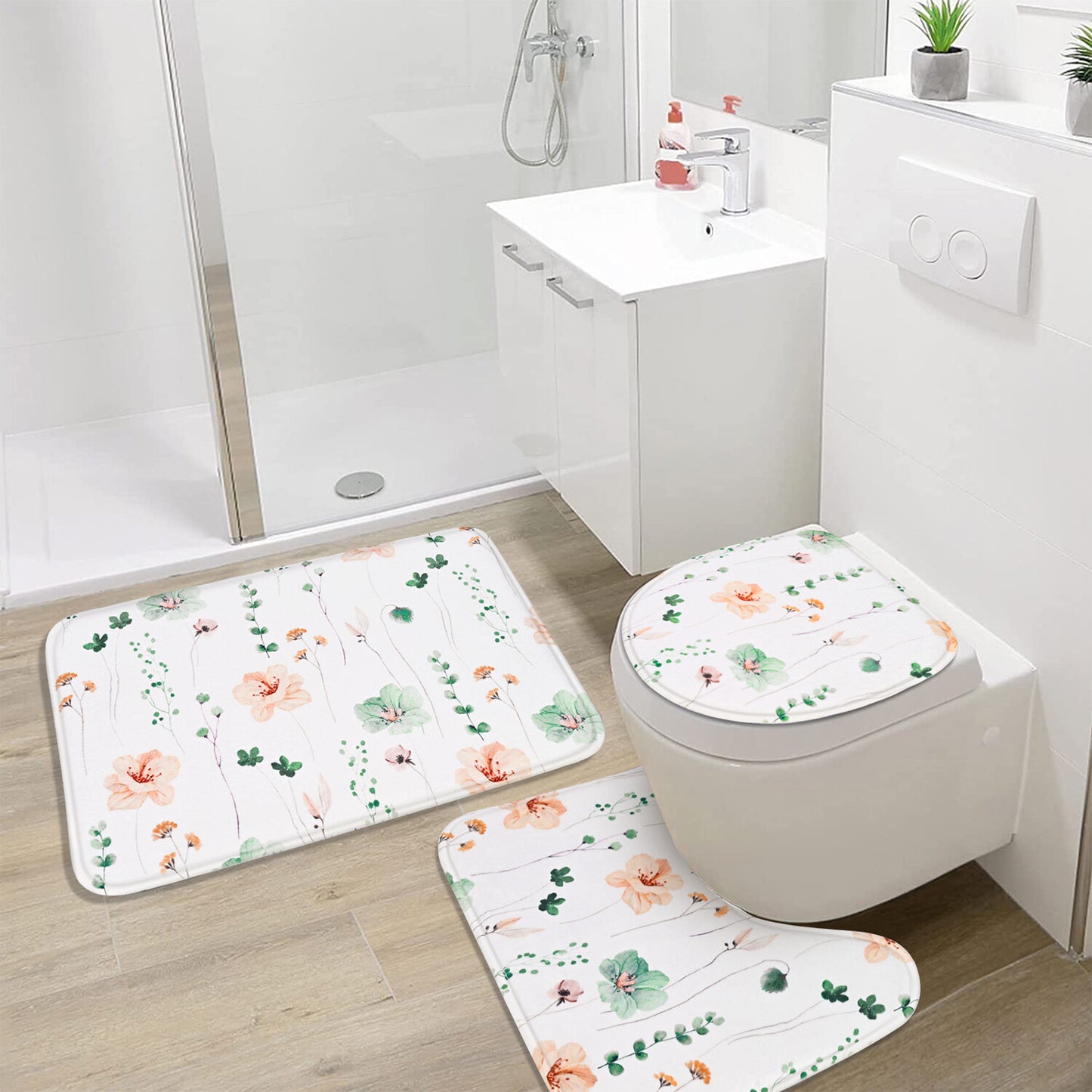 FRAMICS Watercolor Floral Shower Curtain Sets with Rugs, 16 Pc Sage Green Flower Bathroom Sets, Modern Minimalist White Waterproof Fabric Bathroom Curtain Decor with Hooks