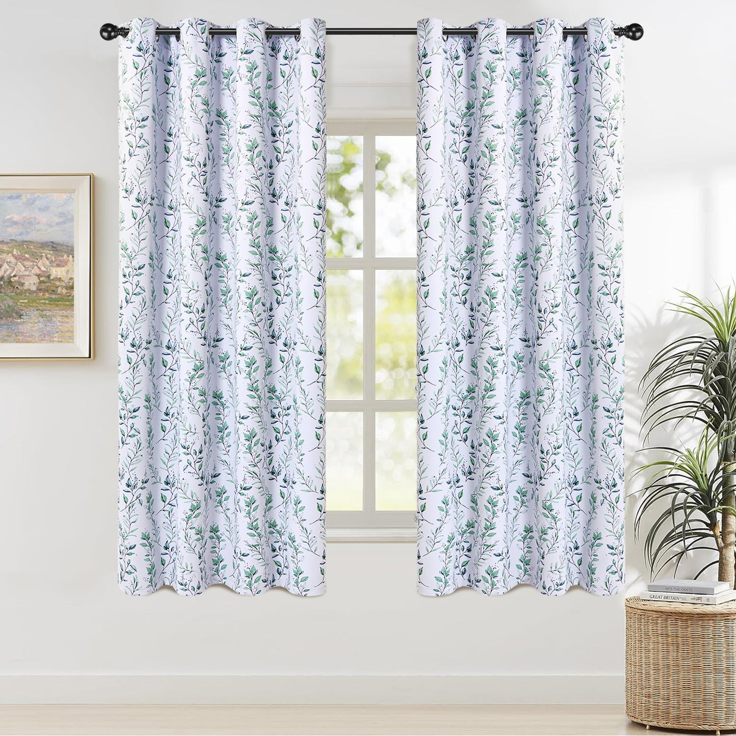 Alishomtll Blackout Curtains Green Leaf Printed Thermal Insulated Window Drapes for Bedroom Living Room 63 Inches Long,52" Wide, 2 Panels