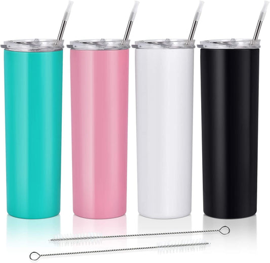 Gingprous 4 Pack Stainless Steel Skinny Tumbler with Lids and Straws , Double Wall Travel Tumblers , 20 oz Vacuum Insulated Water Tumbler Cup, Slim Vacuum Travel Mug , Multicolor