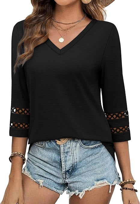 Gingprous 3/4 Sleeve Womens Hallow Out Sleeve Tops V Neck Tunic Blouse Curved Hem Casual Shirt