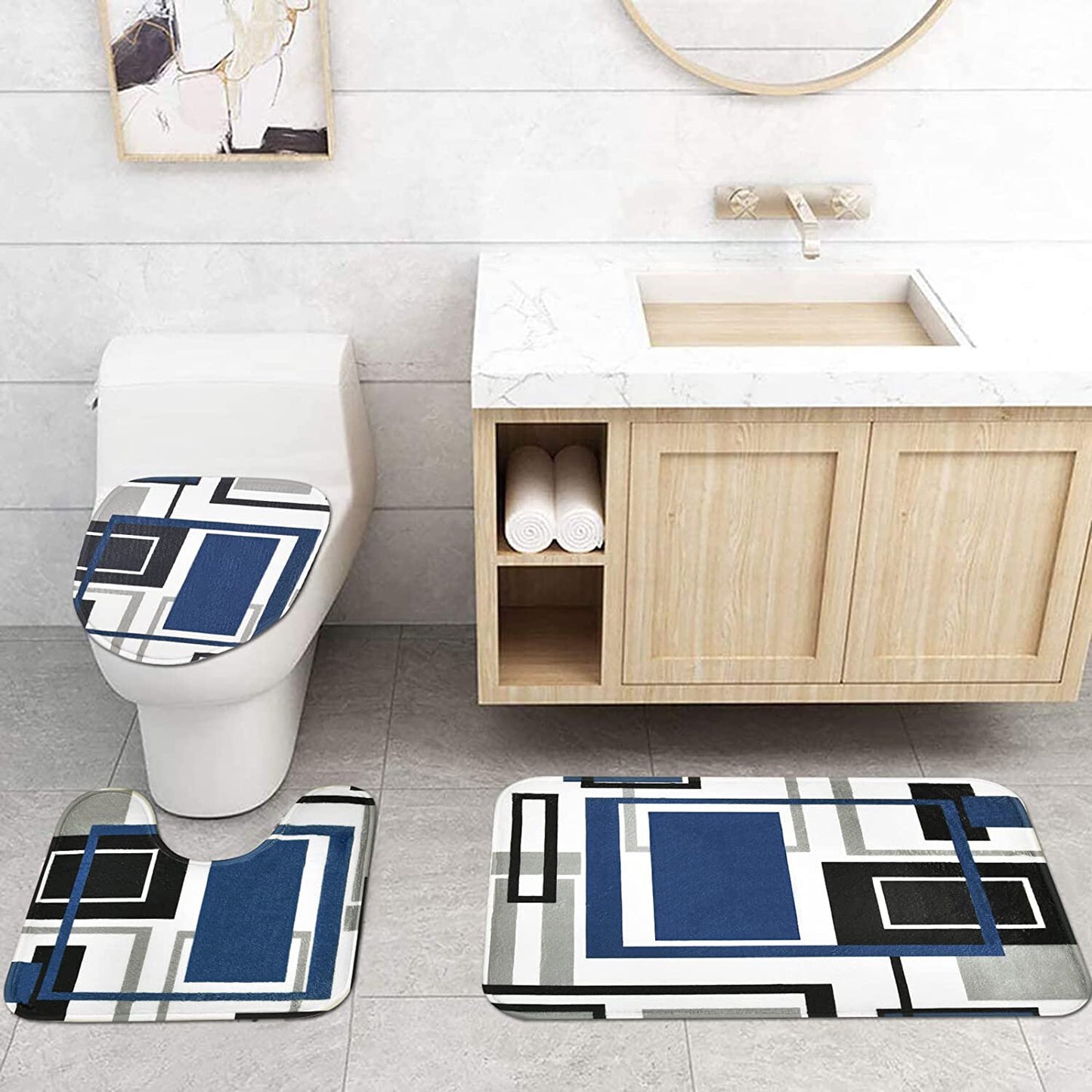 FRAMICS Blue Black Geometric Shower Curtain and Rug Sets, 16 Pc Modern Abstract Bathroom Sets, Waterproof Fabric Shower Curtain with 12 Hooks and Toilet Rugs