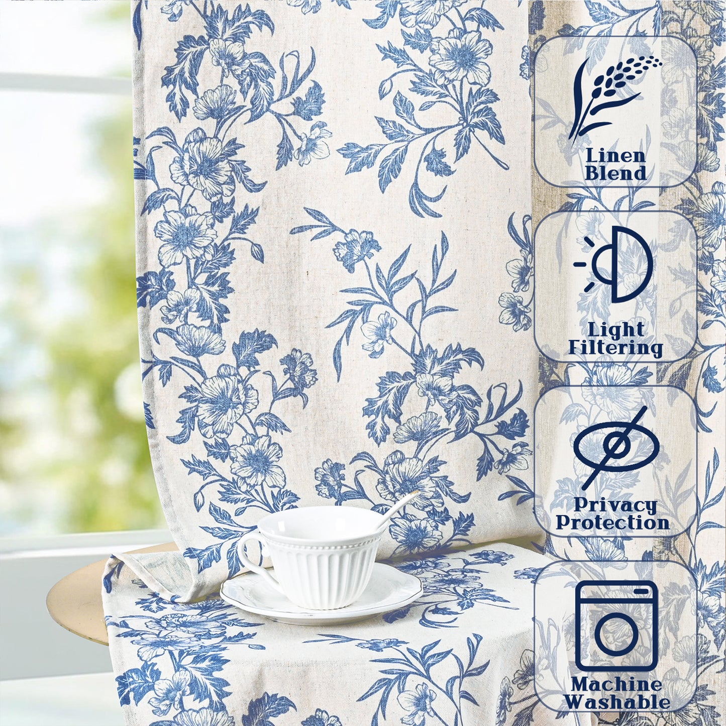 Alishomtll Floral Curtains for Living Room Farmhouse Country Linen Curtains Light Filtering Window Drapes,Blue ,52"x84", 2 Panels