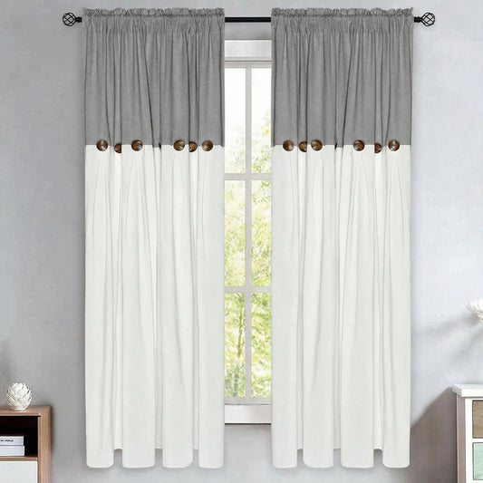Alishomtll Linen Curtains Farmhouse Boho Button Light Filtering Window Drapes For Living Room Bedroom,Rod Pocket,63"L x 52"W, 2 Panel,Gray White