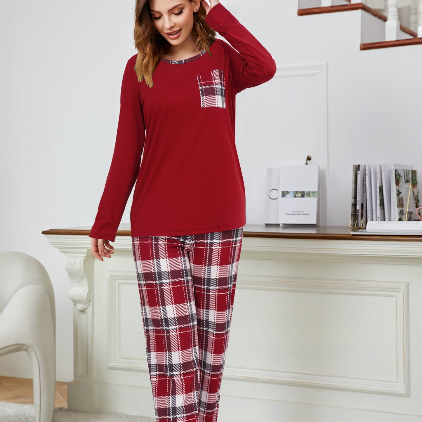 MecTo Women Christmas Pajamas Sets Cotton Pj Set Long Sleeve Top with Long Pants Sleepwear 2 Piece Lounge Set M