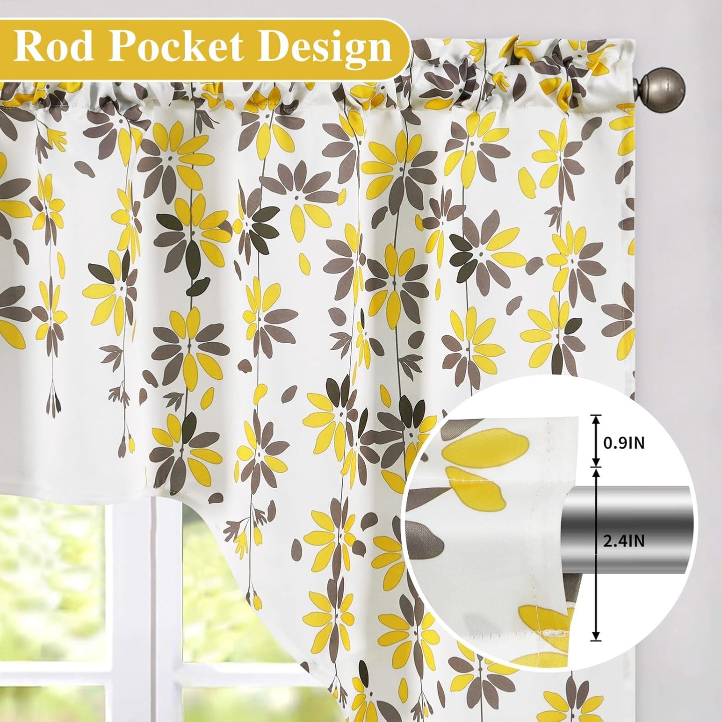 Alishomtll Falling Flower Kitchen Curtains Valances Swags for Windows Window Drapes,61" W x 36" L,Rod Pocket,Yellow