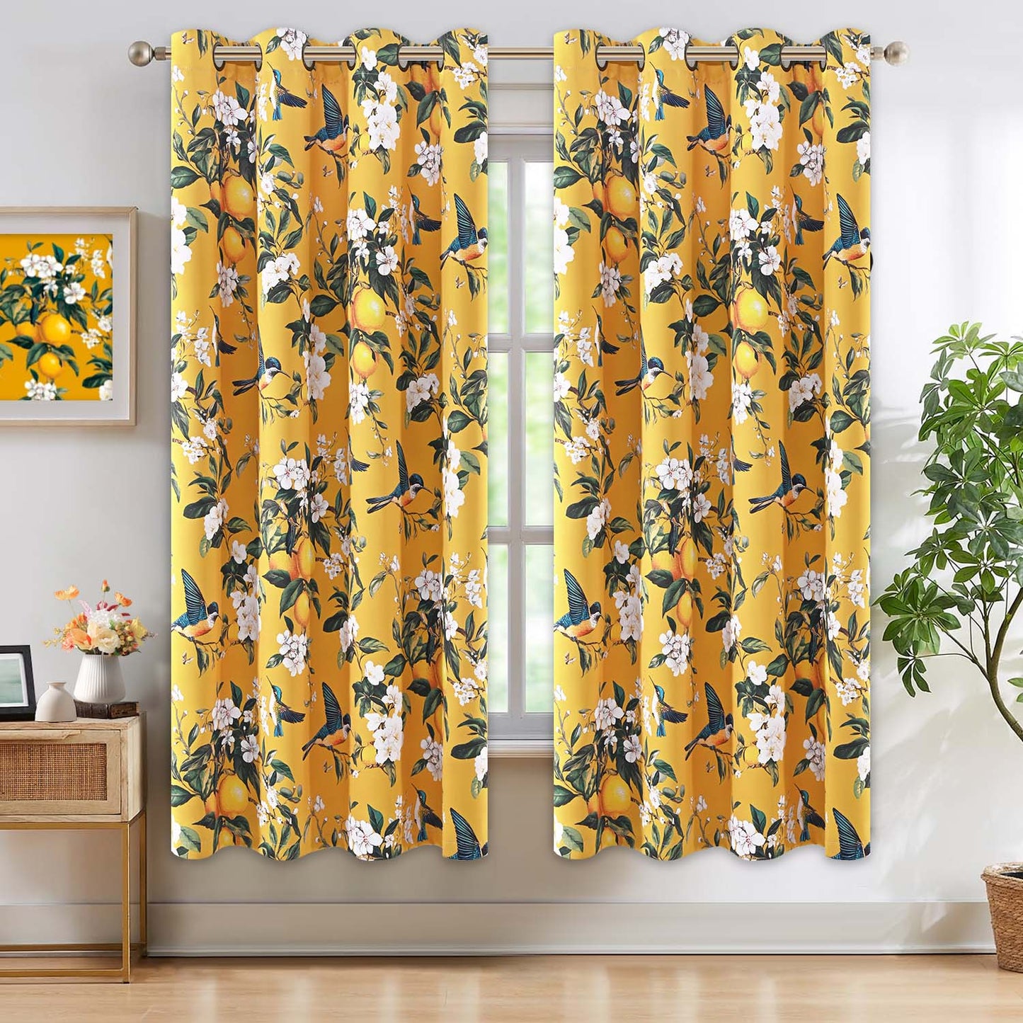 Alishomtll Floral Lemon Hummingbird Blackout Curtains Room Darkening Grommet Window Drapes for Living Room , 52" x63", ,Set of 2 Panels,Yellow