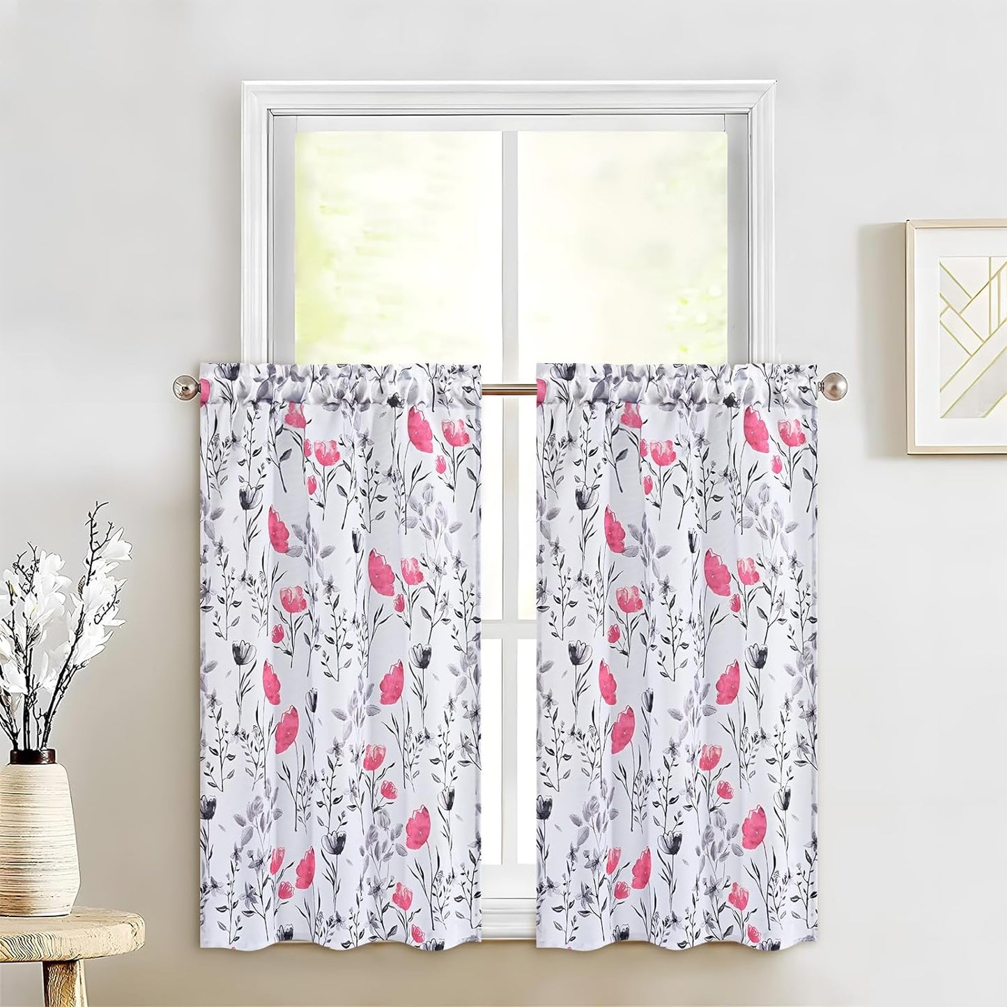 Alishomtll Kitchen Curtains Floral Print Tier Curtains Sets Light Filtering Small Window Drapes Rod Pocket ,26"Wx36"L,2 Panels,Hot Pink