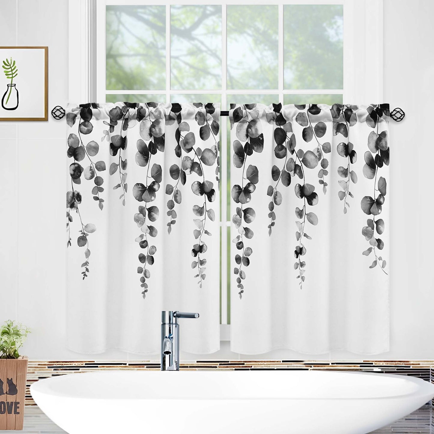 Alishomtll Kitchen Curtains Grey Watercolor Leaves Print Tier Windows Drapes Sets 36 Inch ,Rod Pocket
