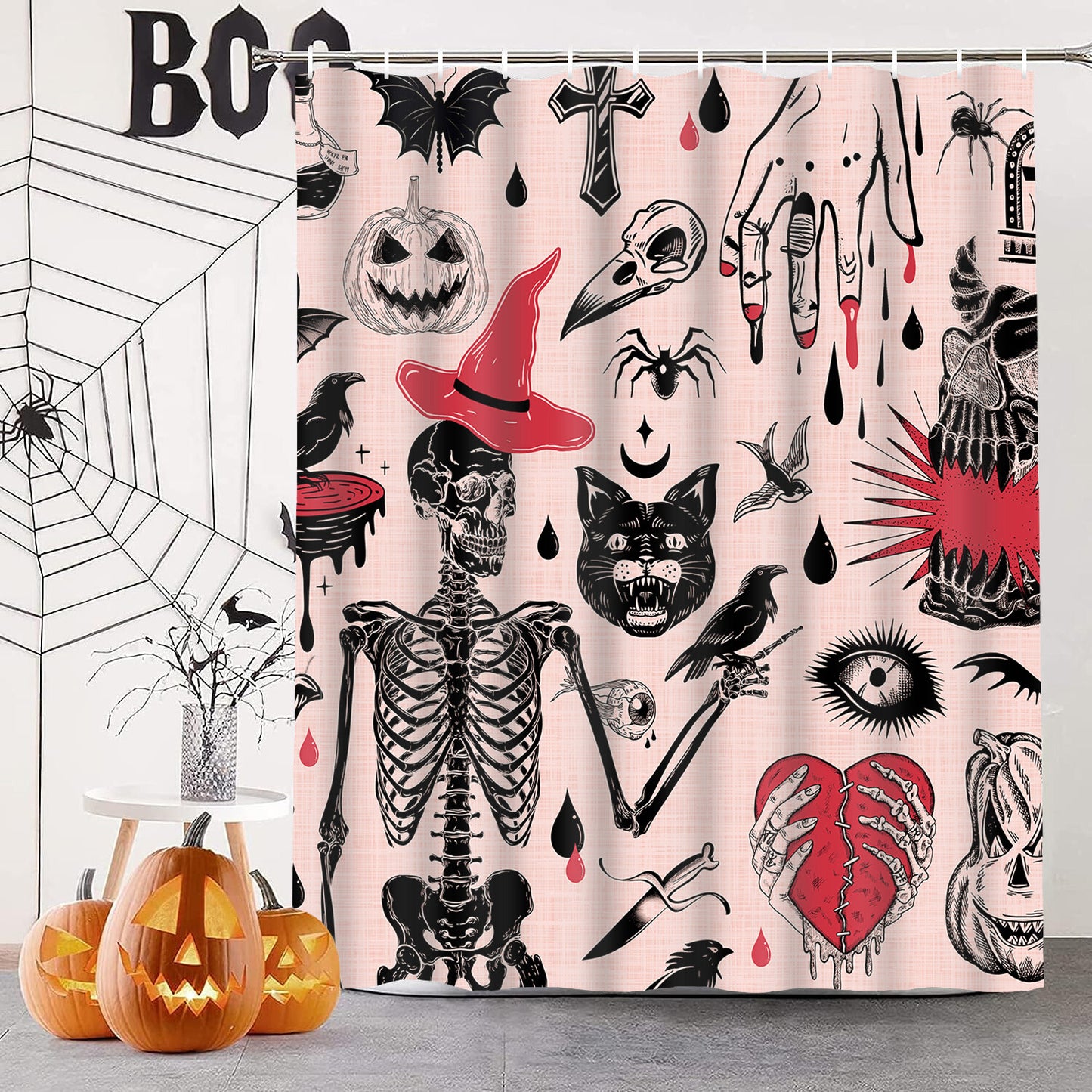 FRAMICS Halloween Shower Curtain Sets with Rugs, 16 Pc Scary Spooky Skeleton Devil Bat Bathroom Sets, Cute Pink Waterproof Fabric Shower Curtain with 12 Hooks and Toilet Rugs