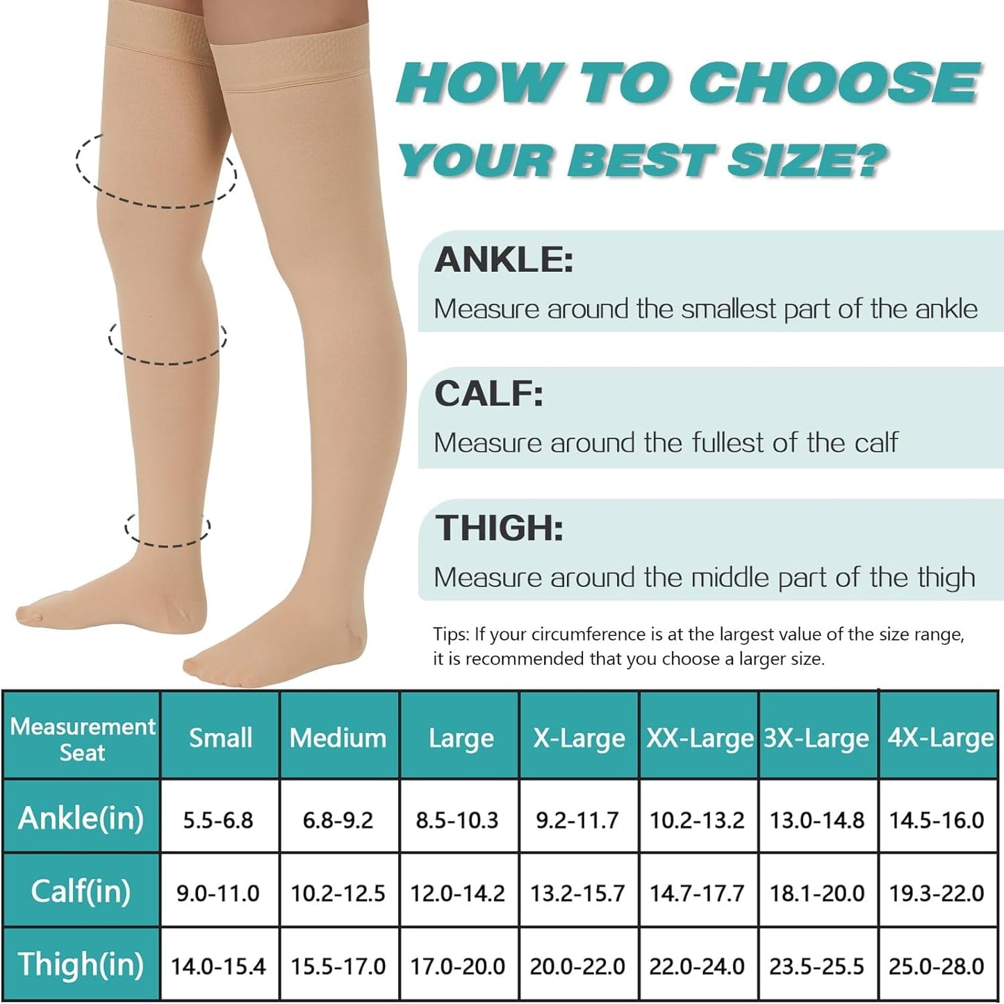2 Pair Wukang 20-32mmHg Thigh High Compression Stocking Closed Toe Compression Socks for Women & Men(Beige+Black)