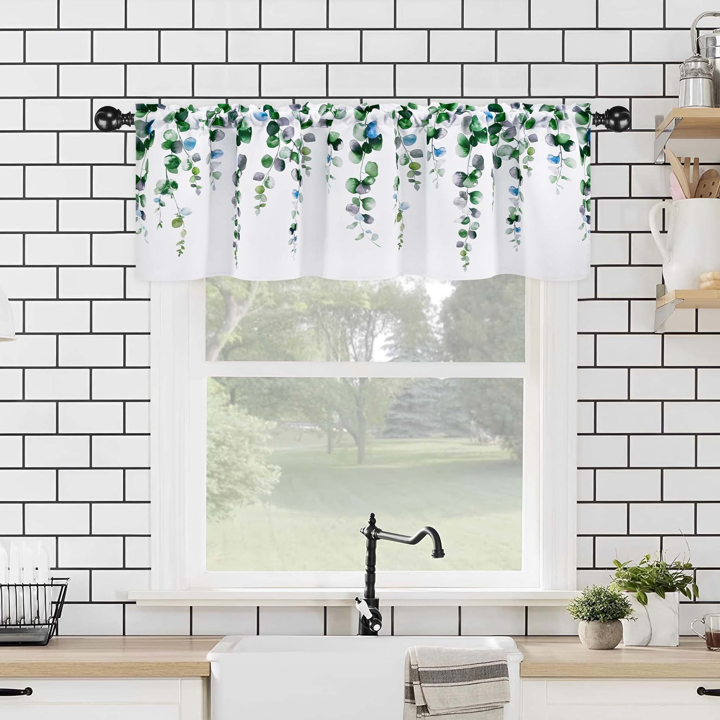 Alishomtll Valance Curtains for Living Room Bedroom Kitchen Windows Grey Green Watercolor Leaves Print ,52 x 18 inch,Rod Pocket