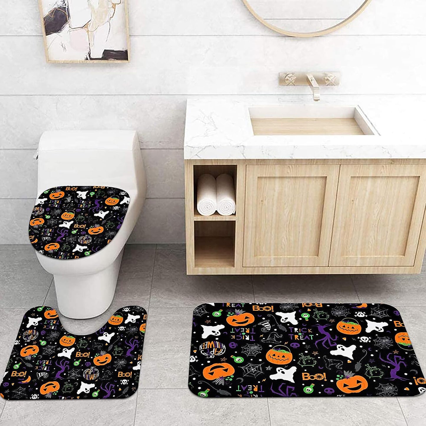 FRAMICS Halloween Shower Curtain Sets with Rugs, 16 Pc Pumpkin Spooky Ghost Bathroom Sets, Black Waterproof Fabric Shower Curtain with 12 Hooks and Toilet Rugs