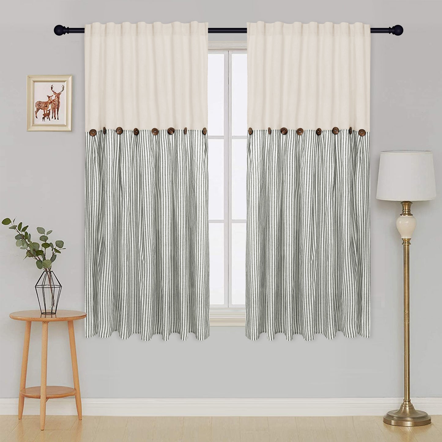 Alishomtll Farmhouse Curtains Natural Stripe Cotton Linen Button Boho Rustic Rod Pocket Back Tab Window Drapes for Living Room , 2 Panels
