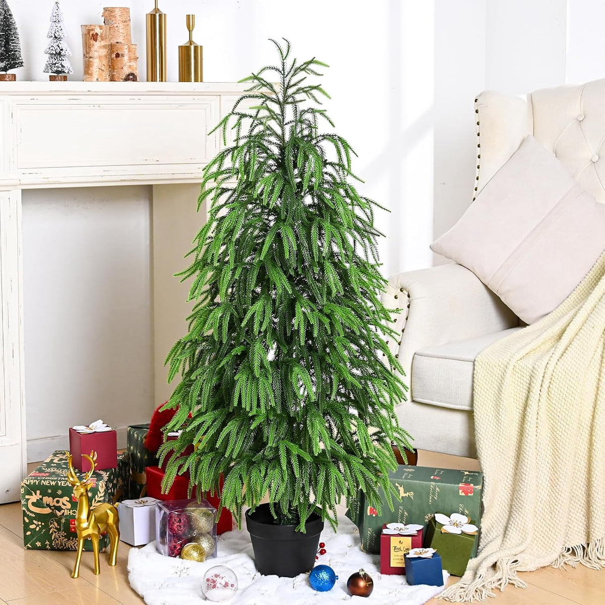 MARTINE MALL 4ft Artificial Norfolk Pine Tree Faux Christmas Tree Fake Potted Plants for Front Porch Outdoor Indoor Garden Christmas Decor