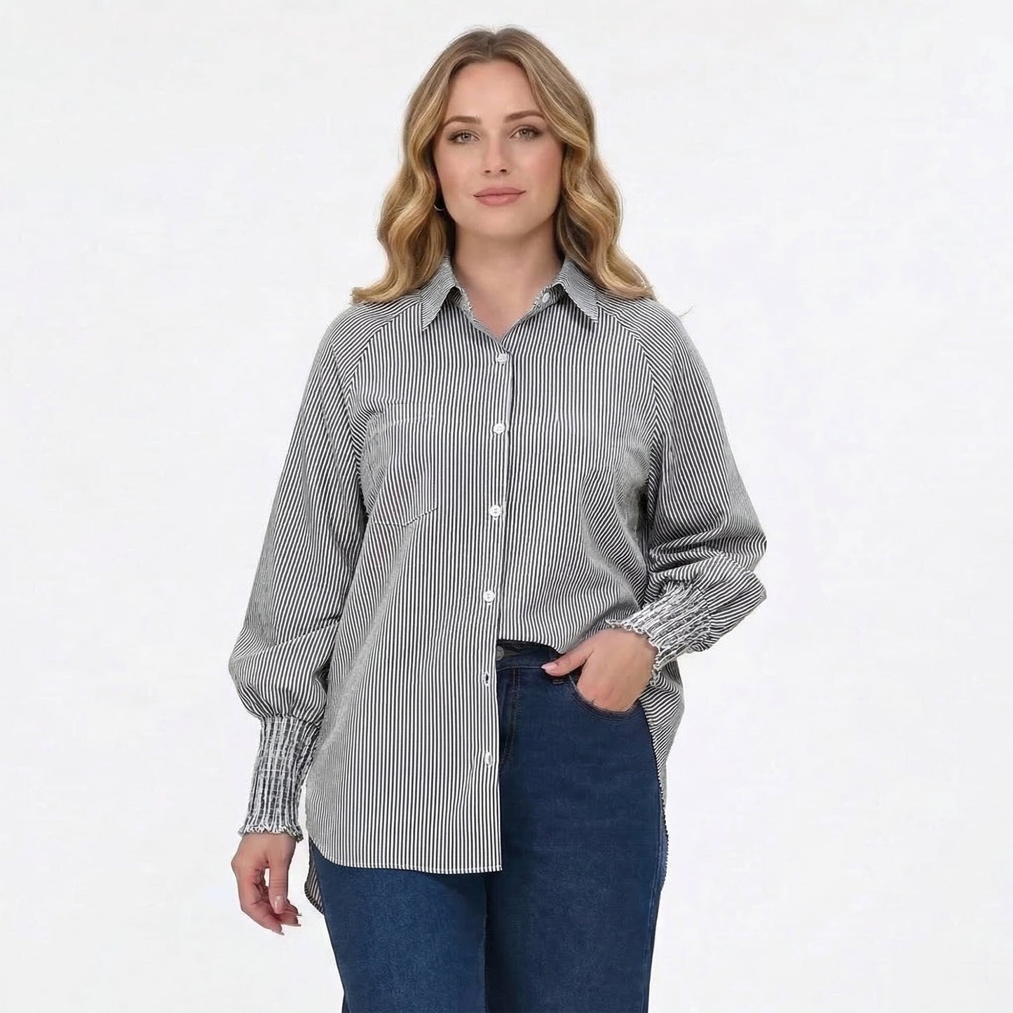 Gingprous Womens Casual Striped Button Down Shirt Long Sleeve Smocked Cuffed Blouse with Pocket Oversized Boyfriend Fit Top
