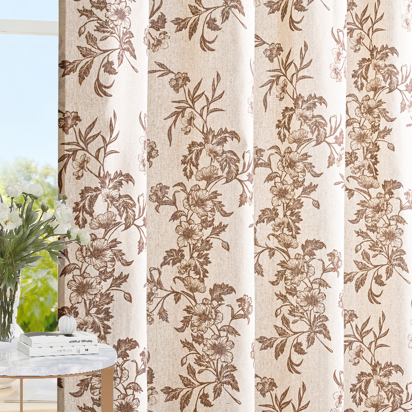 Alishomtll Floral Curtains for Living Room Farmhouse Country Linen Curtains Light Filtering Window Drapes,Brown ,52"x63", 2 Panels