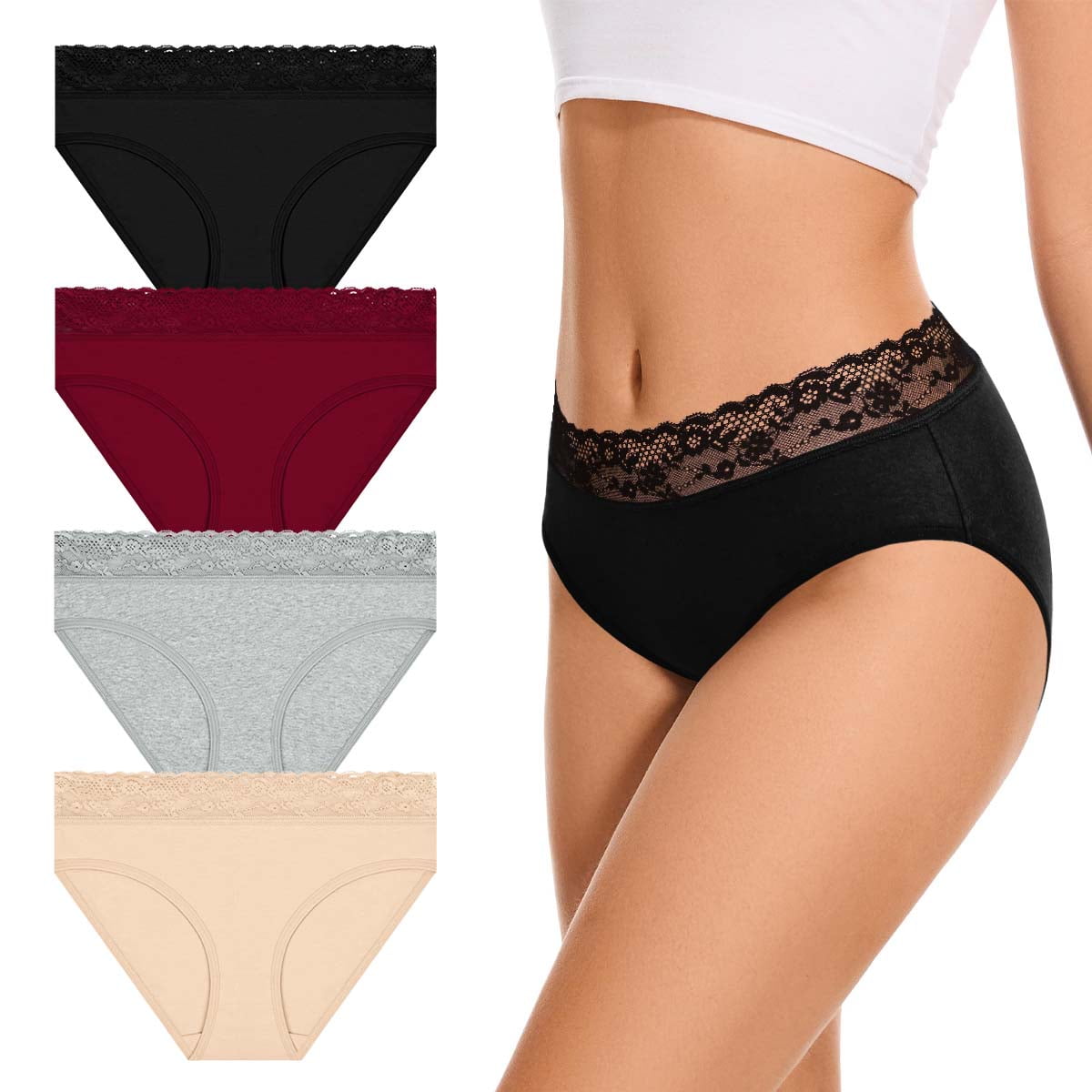 MecTo Womens Cotton Underwear Bikini Panties Lace Hipster French Cut Ladies Panties Soft Stretch Briefs 4-Pack