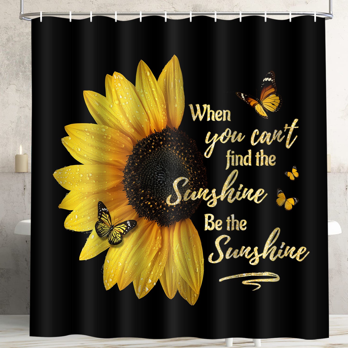 FRAMICS 16 Pc Sunflower Butterfly Shower Curtain and Rug Sets, Flower Quotes Bathroom Sets, Black Waterproof Fabric Shower Curtain with 12 Hooks and Toilet Rugs