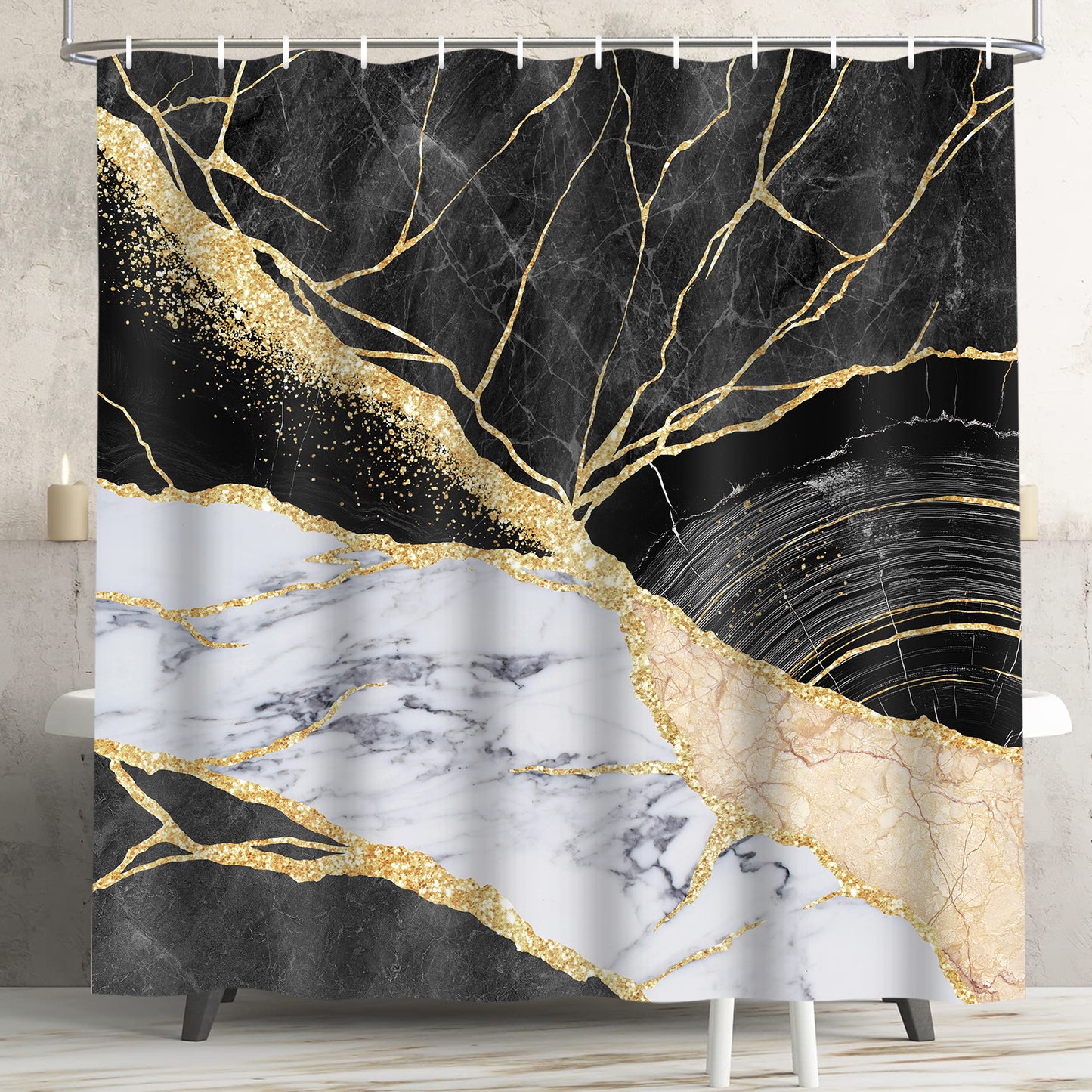 FRAMICS Black Gold Marble Shower Curtain and Rug Sets, 16 Pc Modern Bathroom Sets, Waterproof Fabric Shower Curtain with 12 Hooks and Toilet Rugs