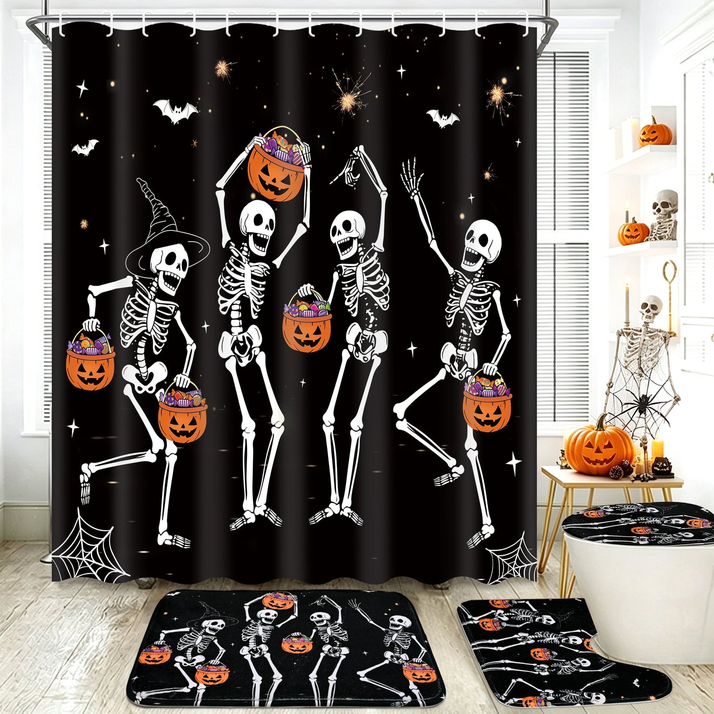 FRAMICS Halloween Skull Shower Curtain Sets with Rugs, 16-Piece Funny Skeleton Pumpkin Bathroom Sets with Hooks, Waterproof Fabric 72" x 72"