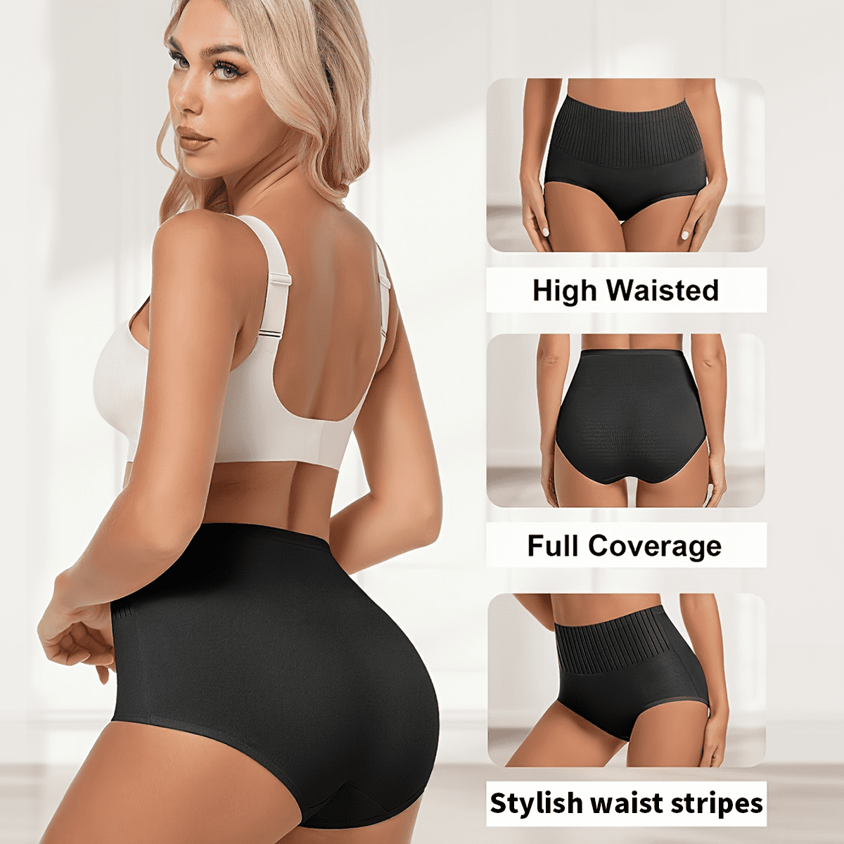 MecTo Womens Cotton Underwear High Waisted Tummy Control Breathable Panties Plus Size Ladies Panties 4 Pack, Black