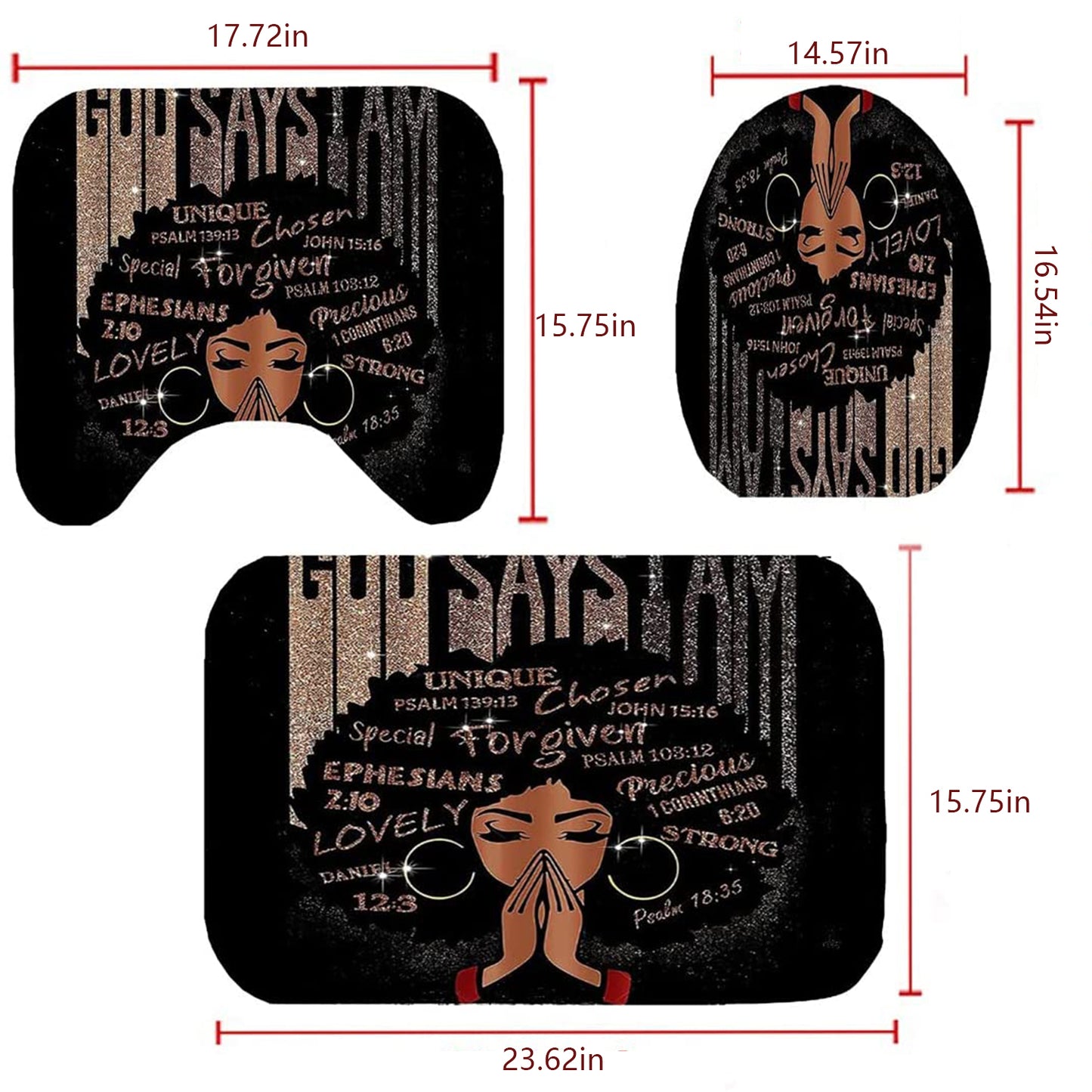 FRAMICS Black Girl with Glitter Quotes Pattern Polyester Shower Curtain and Rug Sets, 16 Pc Bathroom Sets with Non-Slip Mats, Waterproof Shower Curtain with 12 Hooks and Toilet Rugs