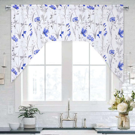 Alishomtll Kitchen Curtains Blue Floral Valance Swag Curtains Watercolor Flower Window Drapes,61" W x 36" L,Rod Pocket