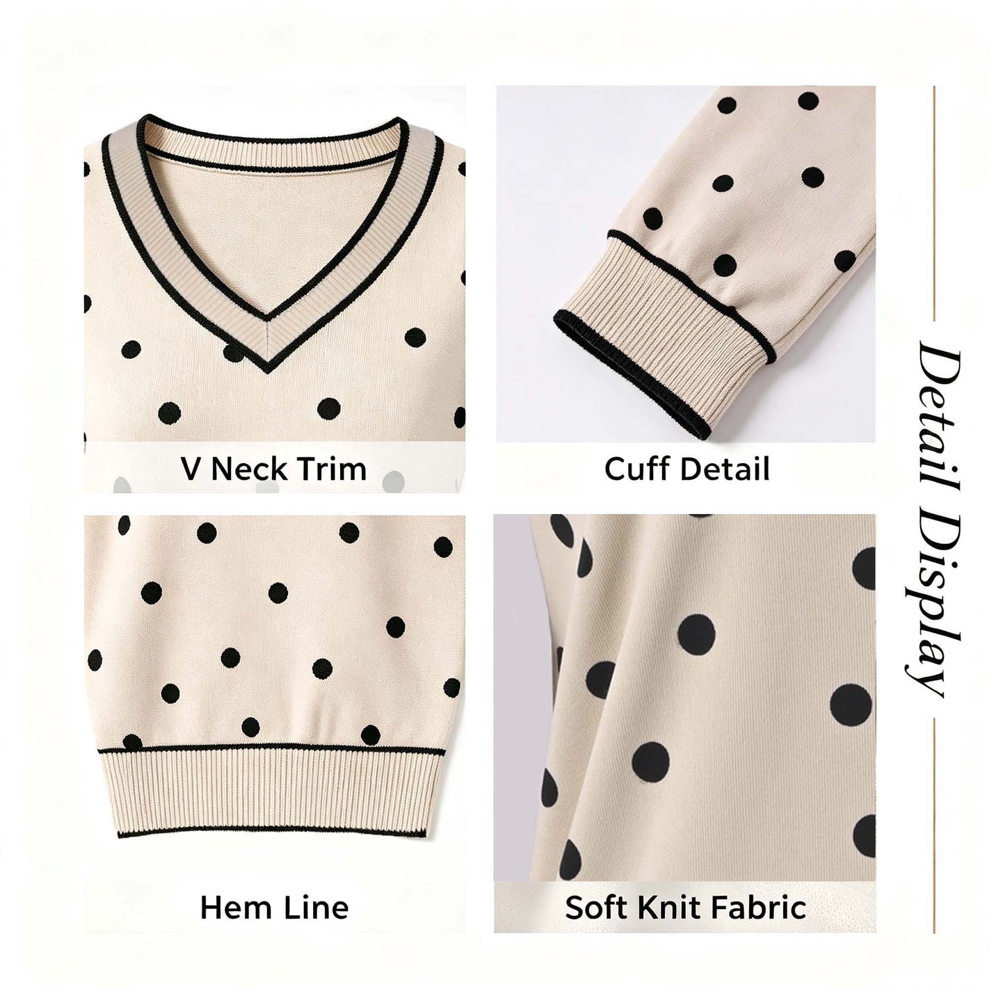 MecTo Women's Knit Top, V Neck Polka Dot Lightweight Sweater Long Sleeve Pullover for Fall Layering, Beige M