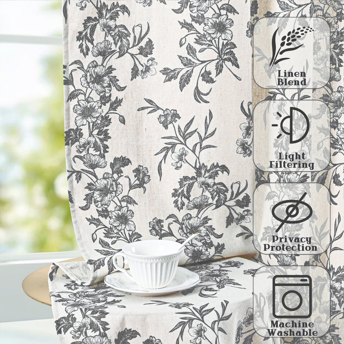 Alishomtll Floral Curtains for Living Room Farmhouse Country Linen Curtains Light Filtering Window Drapes,Black ,52"x63", 2 Panels
