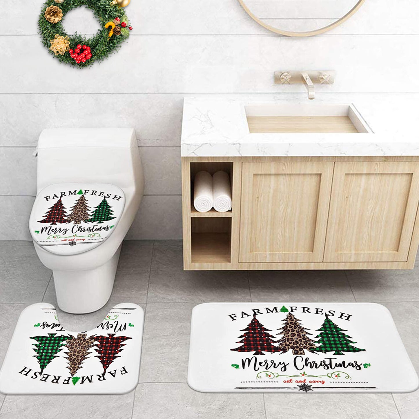 FRAMICS Merry Christmas Shower Curtains and Bath Rug Set, Buffalo Plaid Bathroom Decor Sets, Xmas Trees Waterproof Fabric Shower Curtain with 12 Hooks and Toilet Rugs