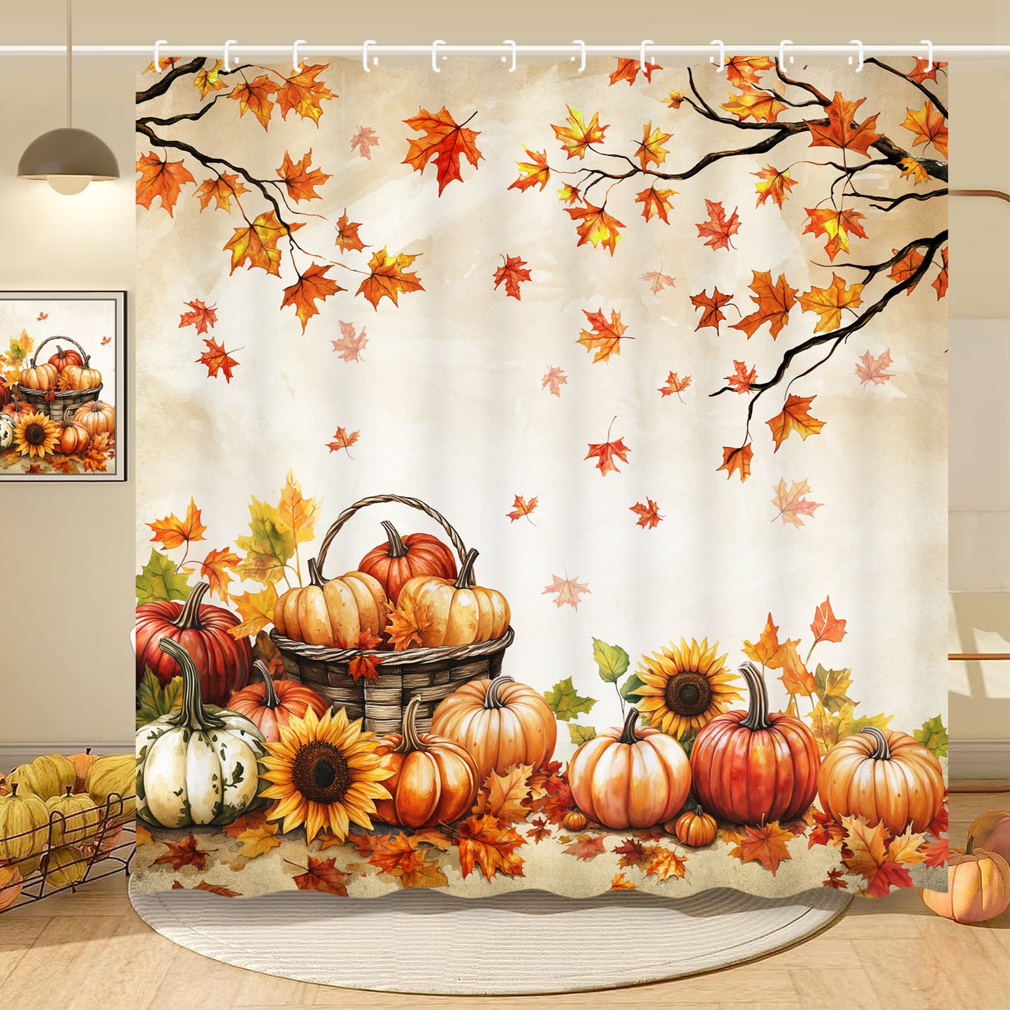 FRAMICS 16-Piece Fall Harvest Thanksgiving Shower Curtain Sets with Rugs, Maple Leaves Pumpkin Bathroom Sets, Waterproof Fabric Bathroom Curtain Decor with Hooks
