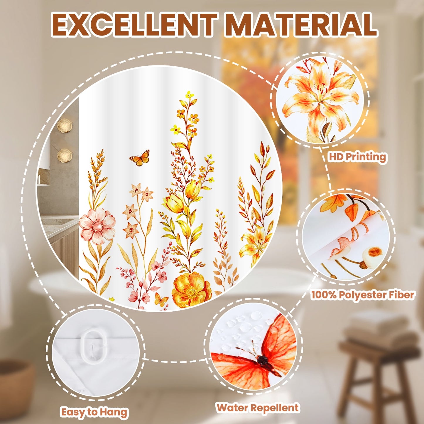 FRAMICS Fall Floral Shower Curtain Sets with Rugs, Waterproof Fabric Watercolor Flower Bathroom Sets with Hooks, Orange, 72" x 72"