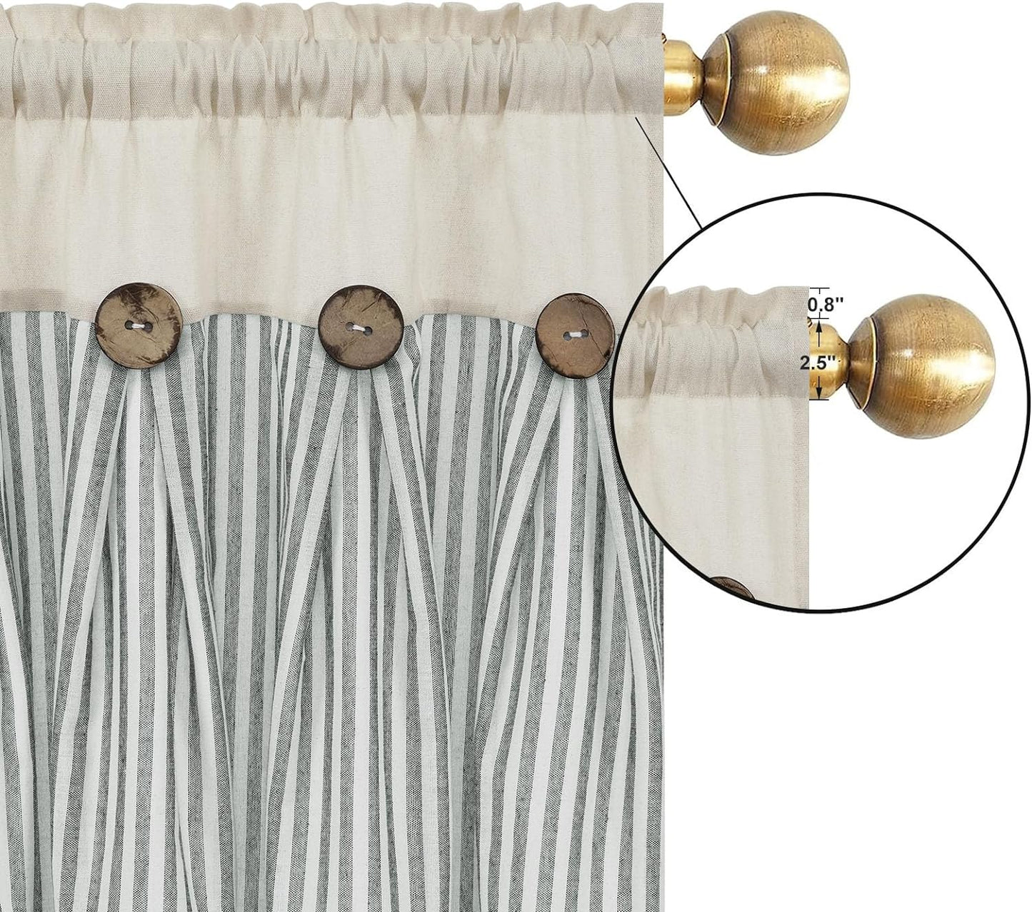 Alishomtll Stripe Kitchen Curtains 8 Button Linen Cotton Window Curtains Sets 24 Inches Long ,Rod Pocket