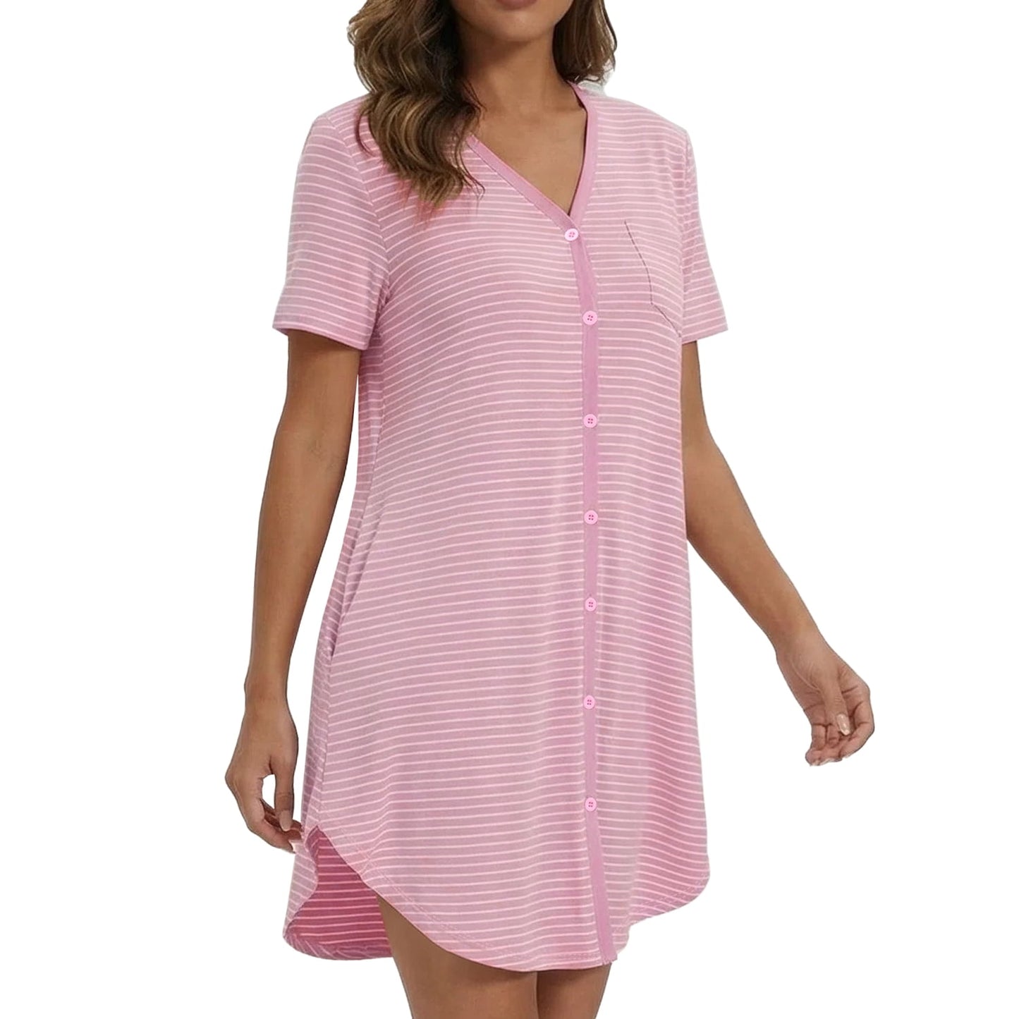 MecTo Women's Soft Cotton Nightgown, Short Sleeve V-Neck Button Down Sleepshirt with Pockets, Casual Striped Night Gowns for Women