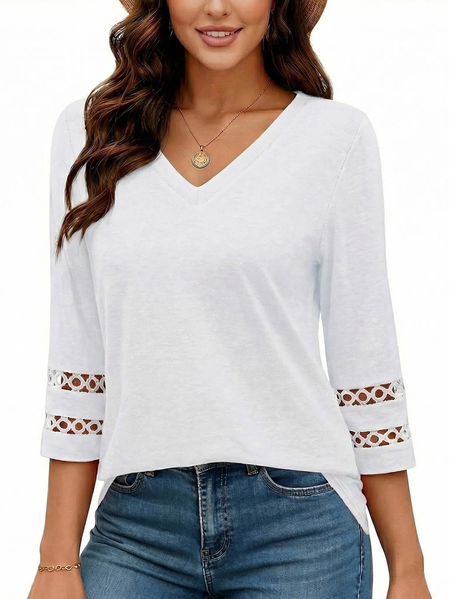 Gingprous 3/4 Sleeve Womens V-Neck Tunic Blouse Hollow Out Lace Sleeve Tops Curved Hem Casual Shirt
