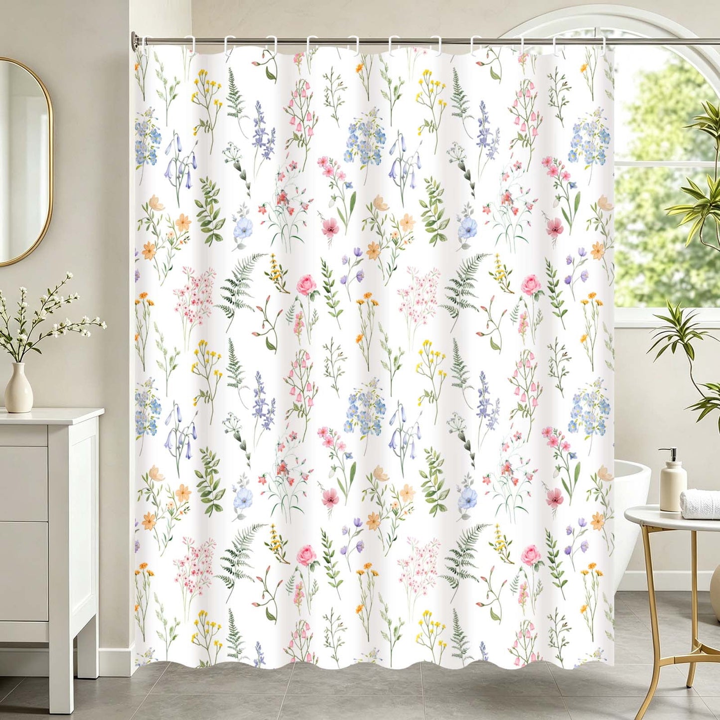 FRAMICS Watercolor Floral Shower Curtain Sets with Rugs, Colorful Wildflower Bathroom Sets with Hooks, Waterproof Fabric Bathroom Curtains, Machine Washable